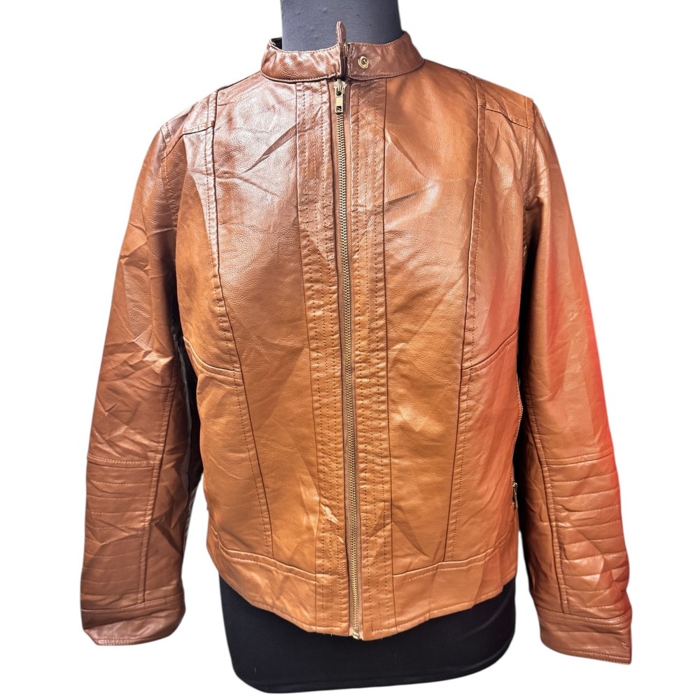 AVA & VIV Faux Leather Moto Jacket Brown Plus Size 1X Biker Style‎ Chic Vegan